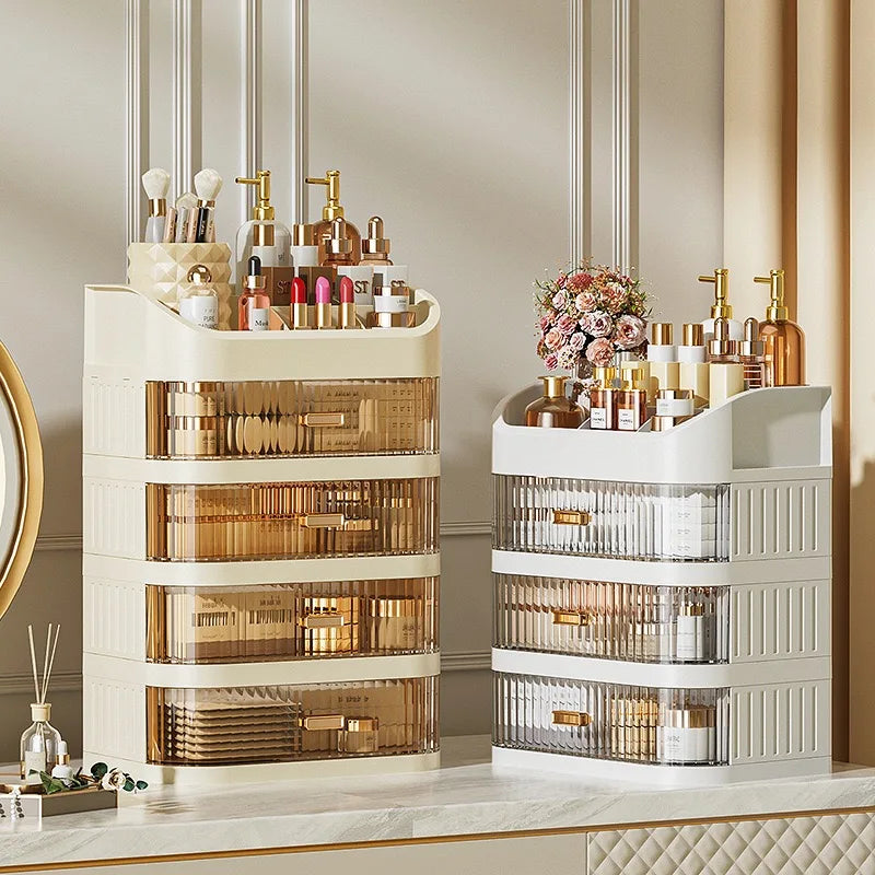 Cosmetic storage box with drawers, plastic dressing table storage cabinet, transparent desktop organiser