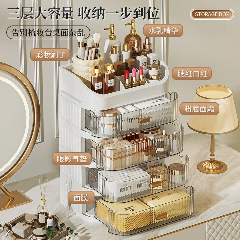 Cosmetic storage box with drawers, plastic dressing table storage cabinet, transparent desktop organiser