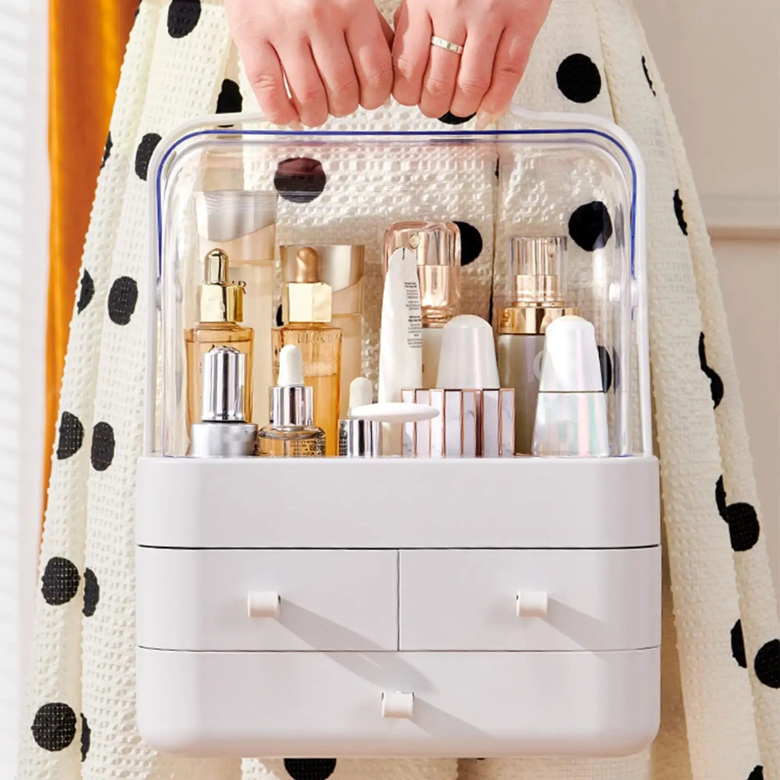 Cosmetic Organizer  Countertop Organizer For Dresser With Lid And Drawer Countertop Waterproof And Dustproof Skin Care Organizer